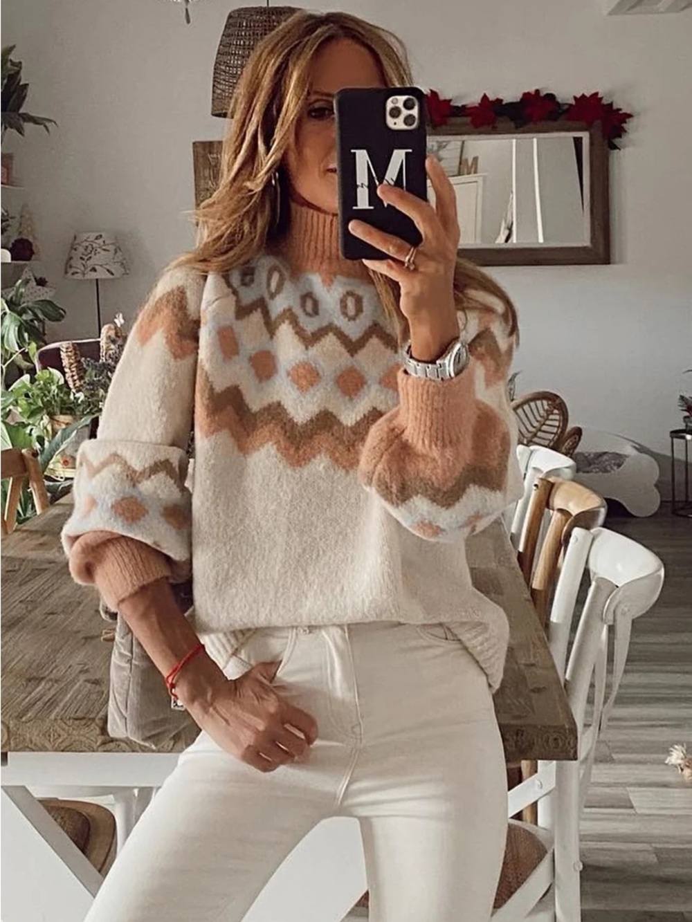 Cozy Cream & Tan Patterned Turtleneck Sweater